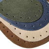 Joe's Toes suede patches with stitch holes close up in Spruce Green, Moody Blue, Natural and Brown colours. 