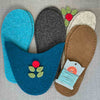 Joe's Toes Flora slipper kit in Teal and Turquoise felt with red flower trim and suede leather soles