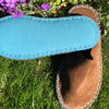 Joe's Toes luxe mule slippers in brown suede showing turquoise crepe rubber soles