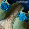 Felt flower slippers in grean and teal from Joe's Toes close up