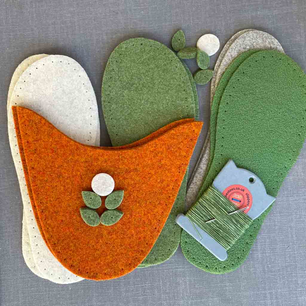 Joe's Toes Flora slipper kit in Marmalade and green felt with ecru flower trim  and crepe rubber soles