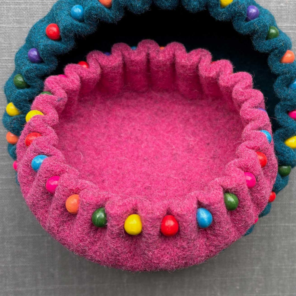 Fuchsia pink and teal blue beaded bowl by Joe's Toes.