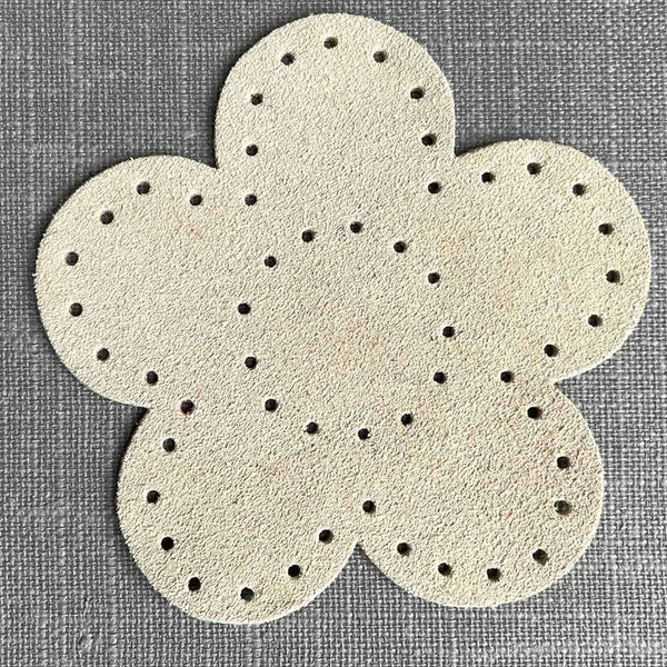 Suede flower shaped patch 87mm diameter with stitch holes natural colour