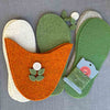Joe's Toes Flora slipper kit in Marmalade and green felt with ecru flower trim  and crepe rubber soles