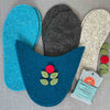 Joe's Toes Flora slipper kit in Teal and Turquoise felt with red flower trim