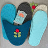 Joe's Toes Flora slipper kit in Teal and Turquoise felt with red flower trim and crepe rubber soles