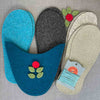Joe's Toes Flora slipper kit in Teal and Turquoise felt with red flower trim and vinyl soles