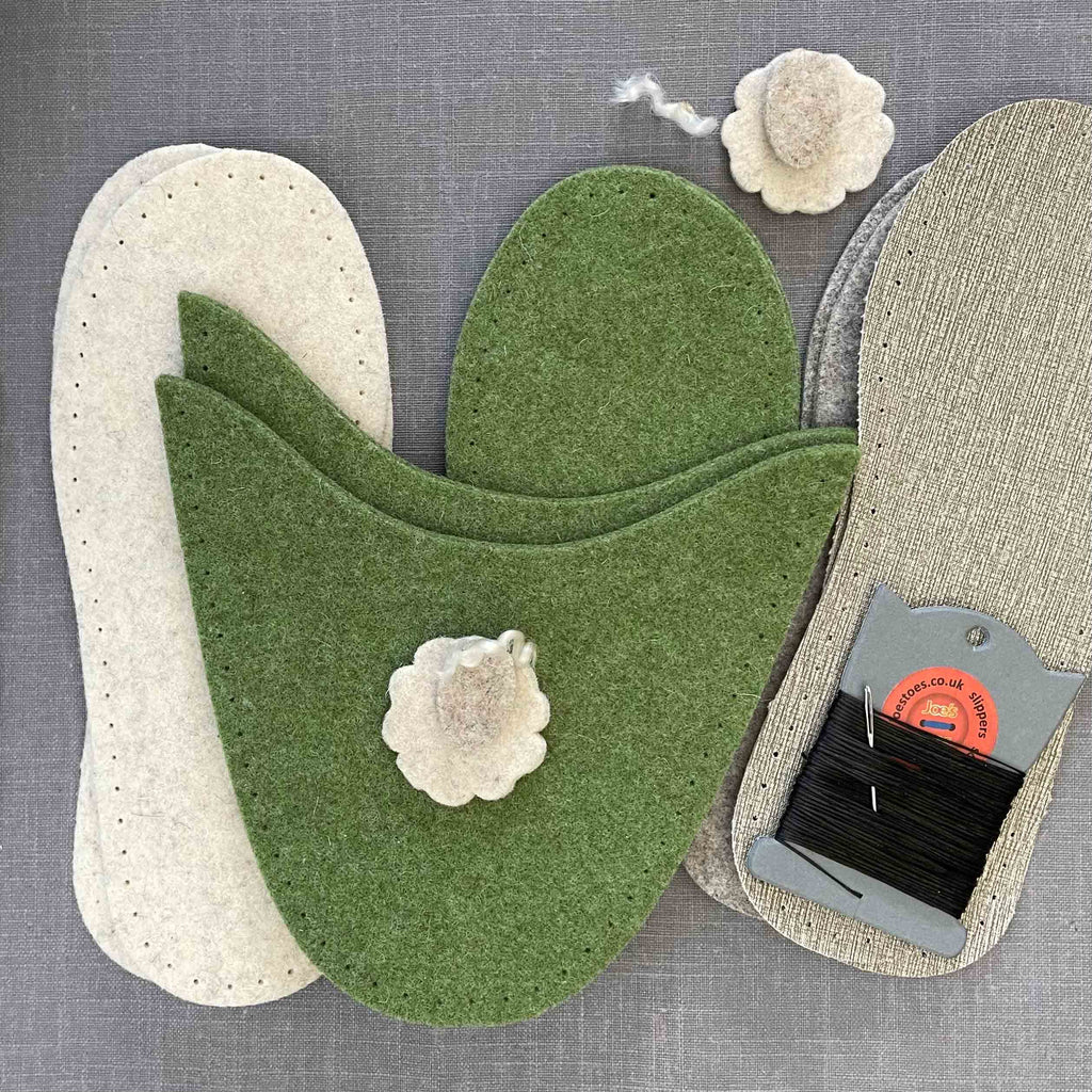 Joe's Toes sheepy slipper kit in green with sheep motif  and vinyl outsoles