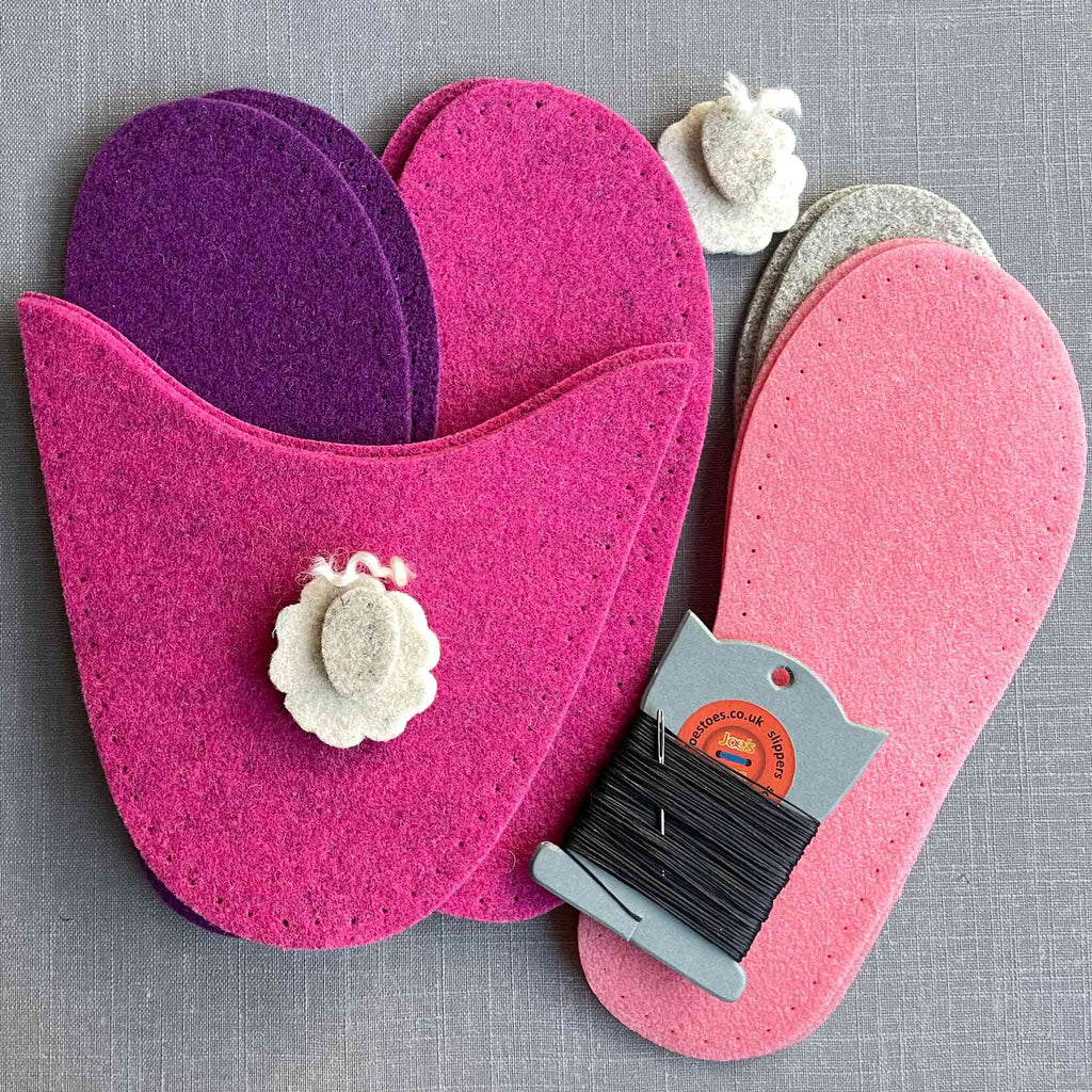 Joe's Toes sheepy slipper kit in fuchsia with sheep motif  and rubber outsoles