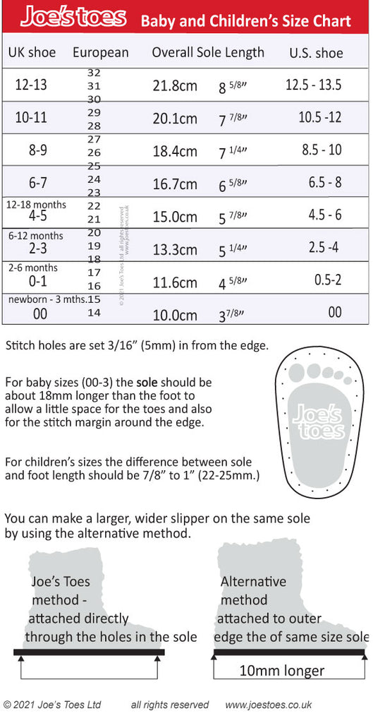 Joe's Toes baby and child slipper size chart