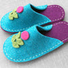 Joe's Toes Flora slippers side view in Turquoise and Purple felt with fuchsia flower trim