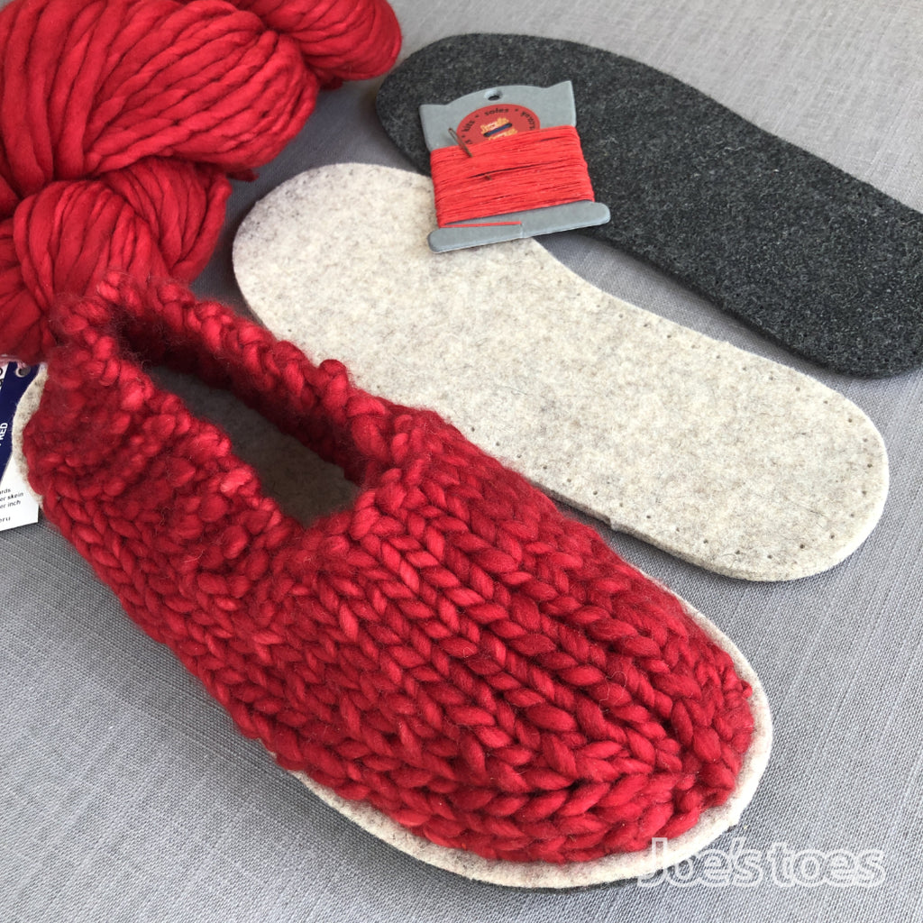 Joe's Toes Sam slipper kit in Ravelry Red Rast yarn