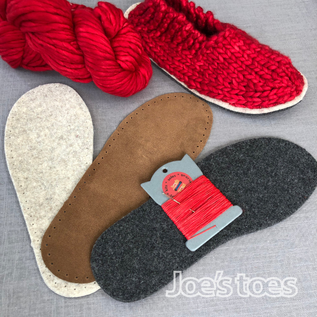 Joe's Toes Sam slipper kit in Ravelry Red Rast yarn suede soles