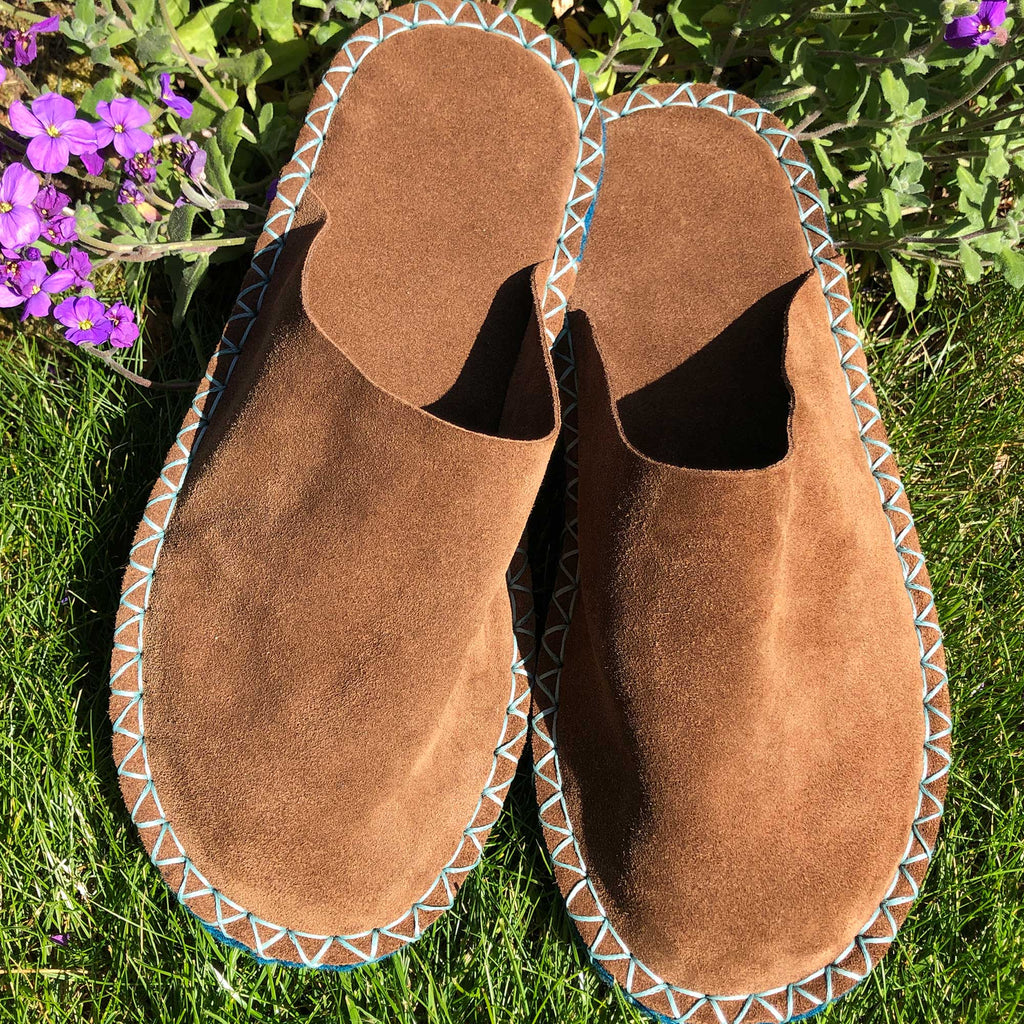 Joe's Toes luxe mule slippers in brown suede with crepe rubber soles