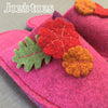 Joe's Toes hand made felt flower slippers in Fuchsia  close up