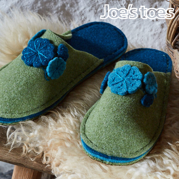 Felt flower slippers in grean and teal from Joe's Toes