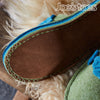suede sole detail on Felt flower slippers in grean and teal from Joe's Toes