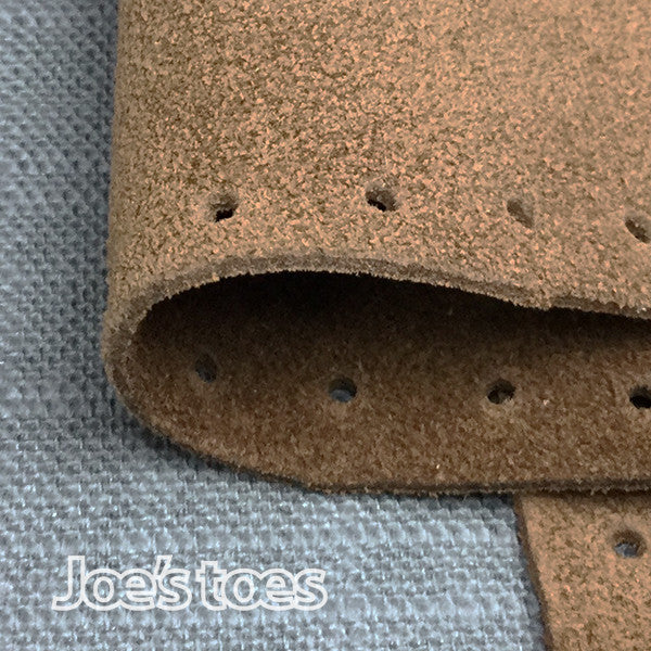 Joe's Toes brown suede slipper soles close up showing punched holes