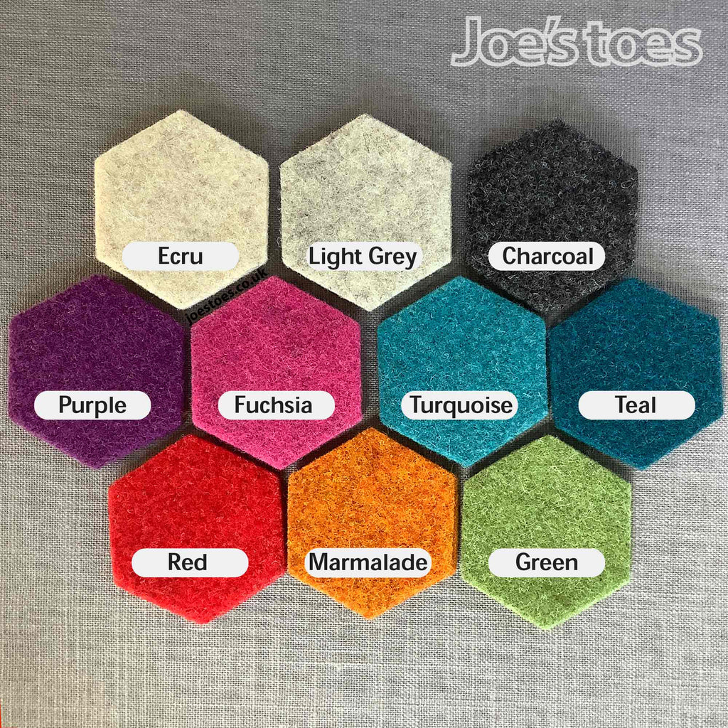 Joe's Toes felt colour swatches showing all 10 colours